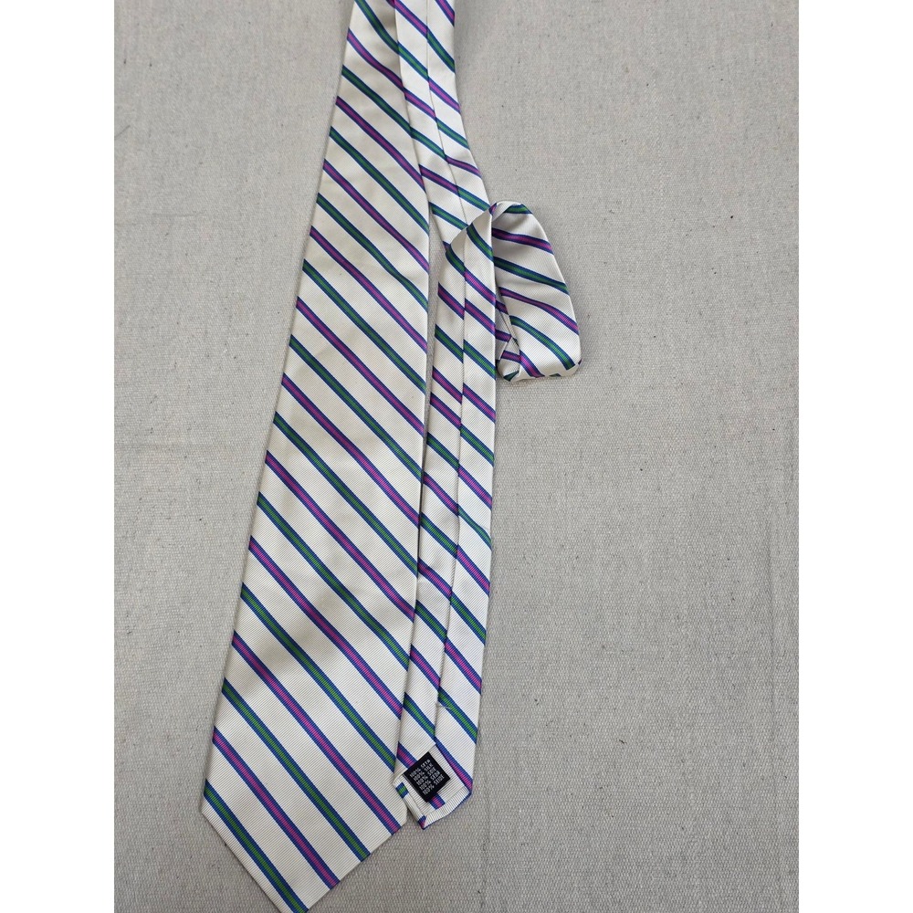 Rooster Mens Silk Necktie White Blue Green Pink‎ Striped Classic Tie